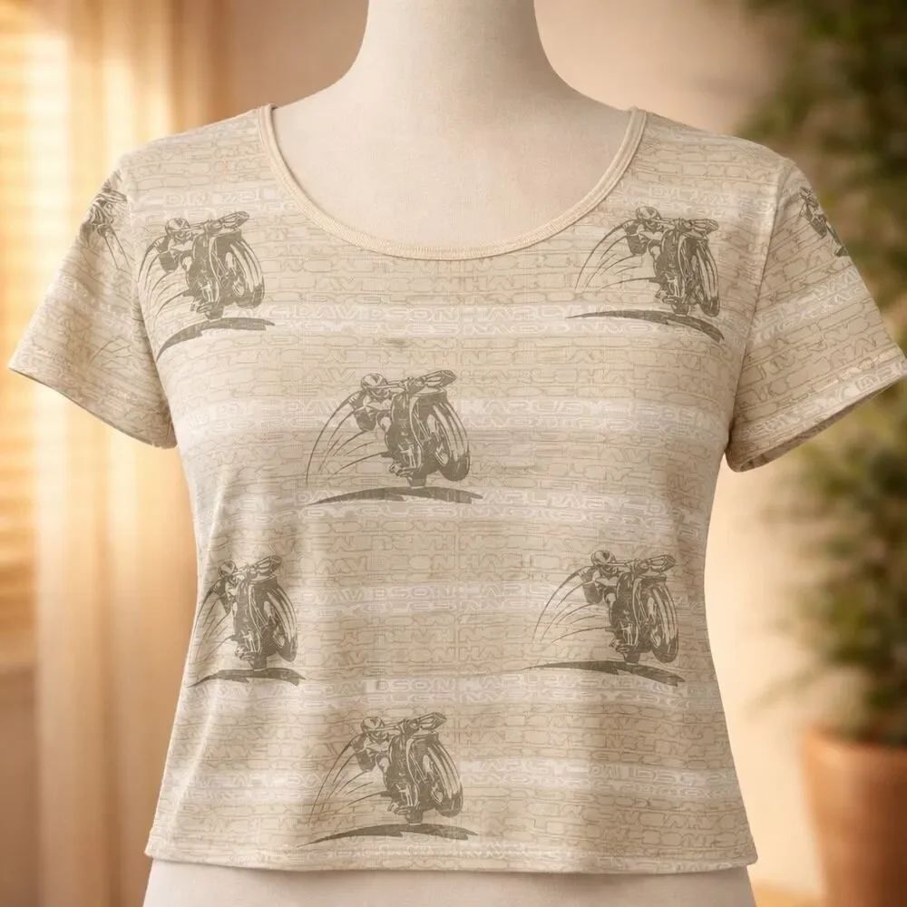 Vintage 90s Harley Davidson Women’s Beige AOP Motorcycle SS Shirt L